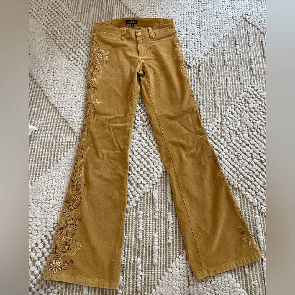 Vintage Tan Flare Corduroy Pants with Embroidery